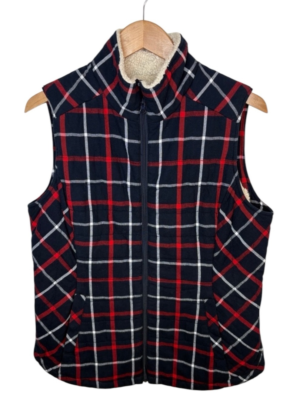 Duluth Trading Co Black Red Plaid Shearling Vest Women Size M